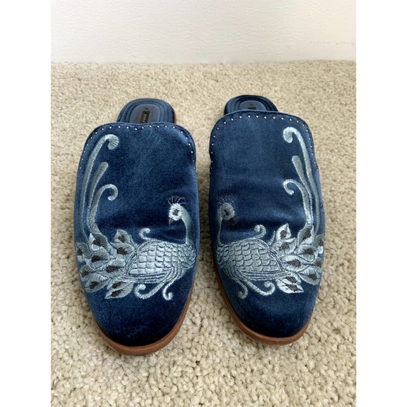Zara Embroidered Peacock Blue Velvet Mule - Picture 2 of 6